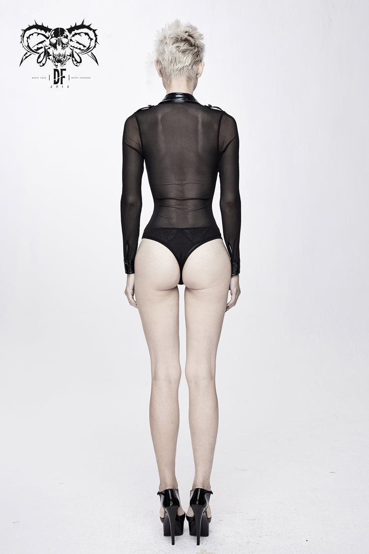 Black Patent Leather Mesh Spliced Long Sleeve Connecting Crotch Women's Punk T-Shirt - Product - 5