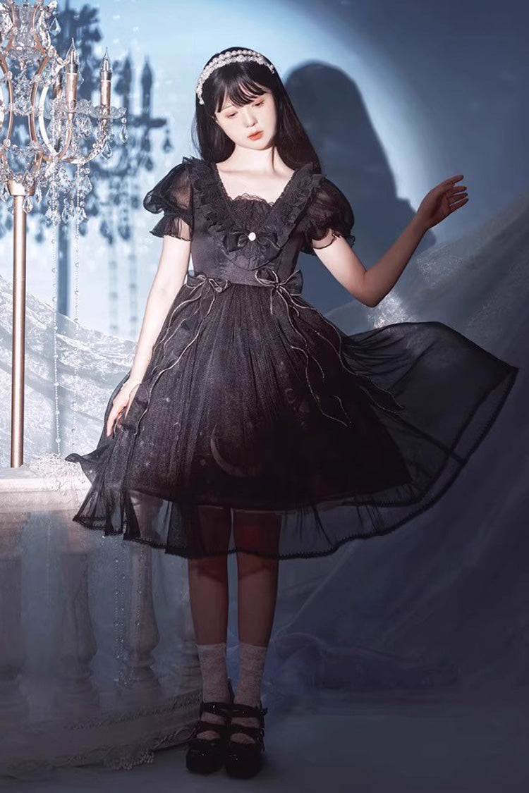 Planet Butterfly Print Bowknot Classic Gothic Lolita Dress 2 Colors - Black - 13