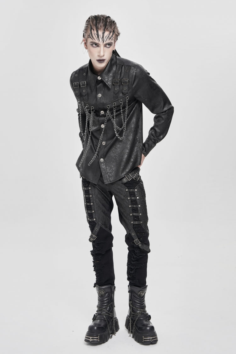 Black Lapel Collar Long Sleeves Buckled Strappy Chain-Decorated Men's Punk Shirt - Product - 10