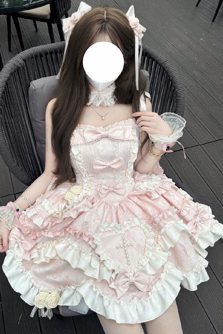 Pink [Heart of Butterfly] Halterneck Sleeveless Multi-Layered Ruffle Embroidery Princess Ballet Lolita Jsk Dress Set - Pink - 1