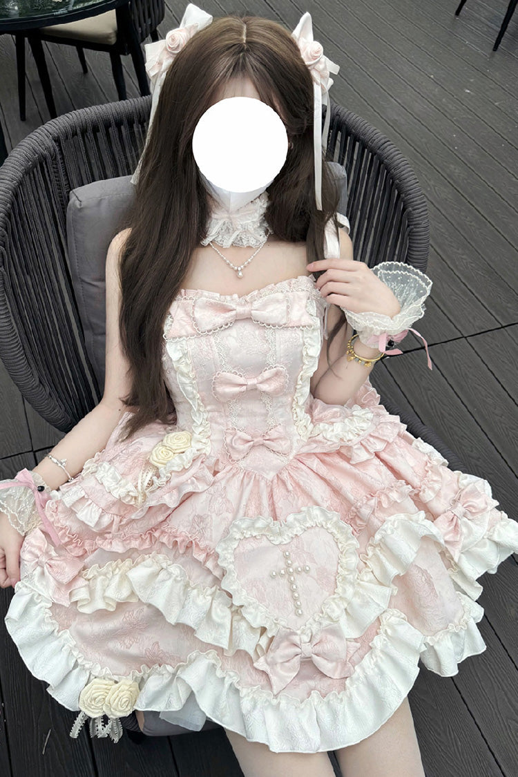 Pink [Heart of Butterfly] Halterneck Sleeveless Multi-Layered Ruffle Embroidery Princess Ballet Lolita Jsk Dress Set - Pink - 1