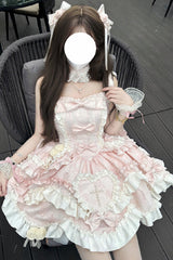 Pink [Heart of Butterfly] Halterneck Sleeveless Multi-Layered Ruffle Embroidery Princess Ballet Lolita Jsk Dress Set - Pink - 1