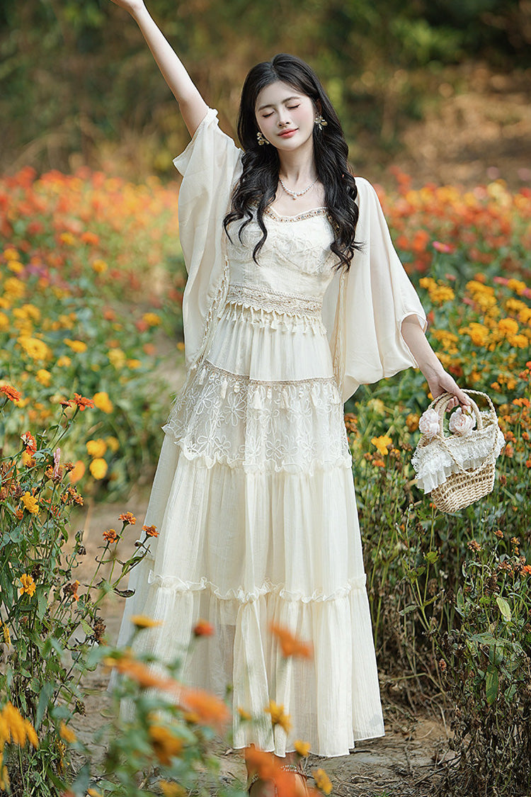 Apricot Bohemian Style Sleeveless Ruffled Embroidered Sweet Lolita Skirt Set - Product - 2