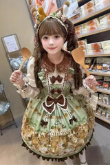 Green [Squirrel Chocolate Shop] Doll Collar Long Sleeves Printed Ruffled Bow Sweet Lolita Dress - Product - 8