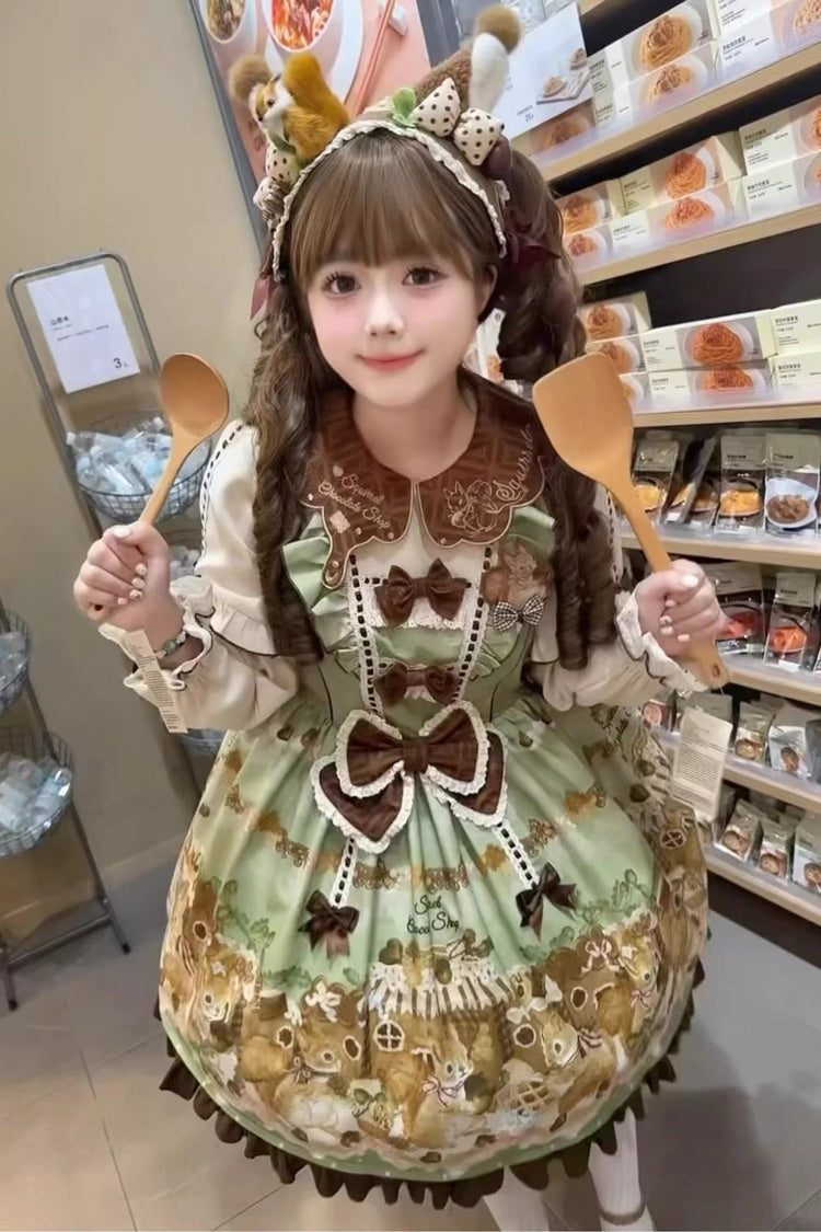 Green [Squirrel Chocolate Shop] Doll Collar Long Sleeves Printed Ruffled Bow Sweet Lolita Dress - Product - 8