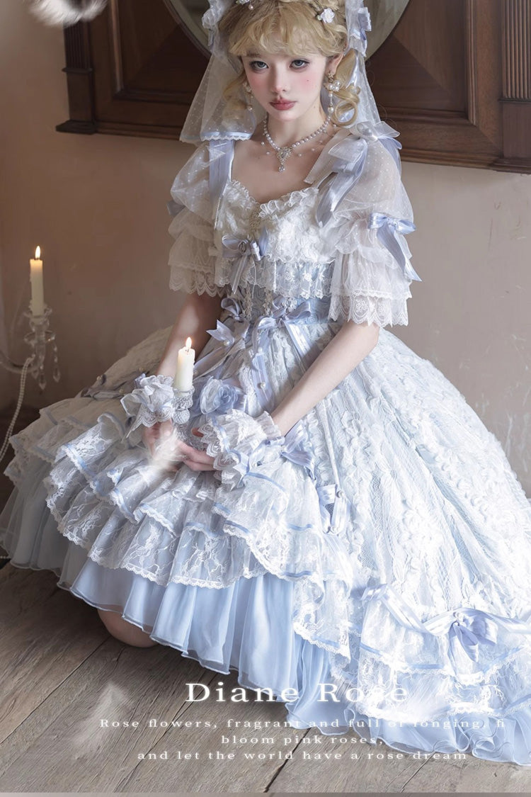 Blue [Diane Rose] Short Sleeves Multi-Layered Jacquard Ruffle Hanayome Cardigan Bowknot Lace Sweet Lolita Dress - Product - 6