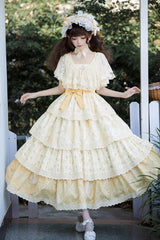 Yellow Multi-layer Sunflower Print Ruffle Embroidery Sweet Chinese Style Lolita Jsk Dress - Product - 8