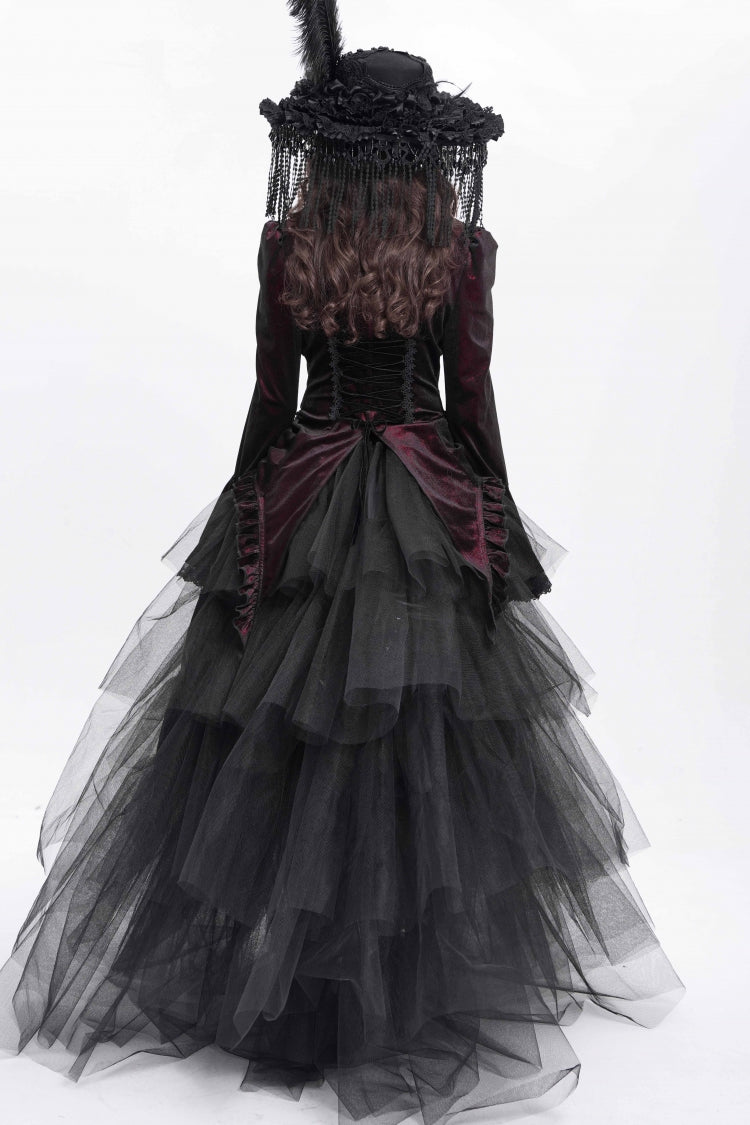 Red Stand Collar Long Trumpet Sleeves Ruffle Swallow-tailed Women's Gothic Blouse - Product - 6