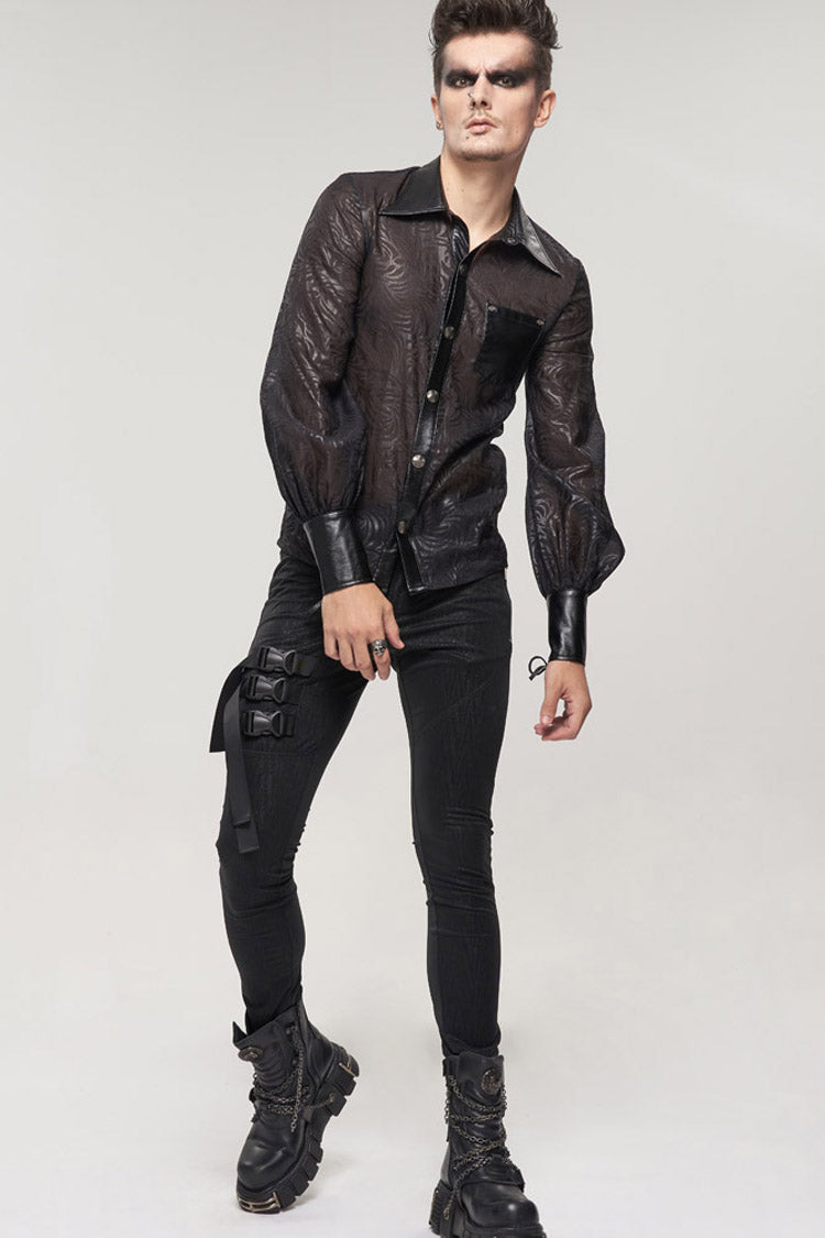 Black Punk Vertical Pattern Printing Cuff Drawstring Decoration See-Through Men's Shirt - Product - 10