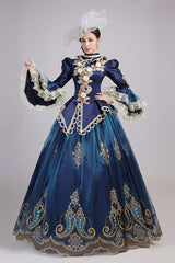 Blue Trumpet Sleeves High Waisted Three Dimensional Flower Hollow Embroidery Print Victorian Lolita Prom Dress - Product - 2