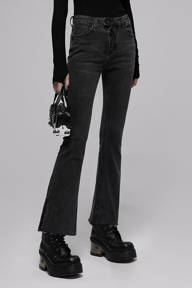 Black Tight Elastic Distressed Denim Asymmetrical Placket Medium Waist Women's Punk Flared Pants - Product - 2