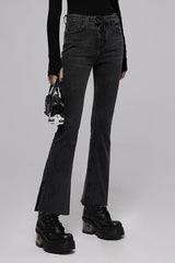 Black Tight Elastic Distressed Denim Asymmetrical Placket Medium Waist Women's Punk Flared Pants - Product - 2