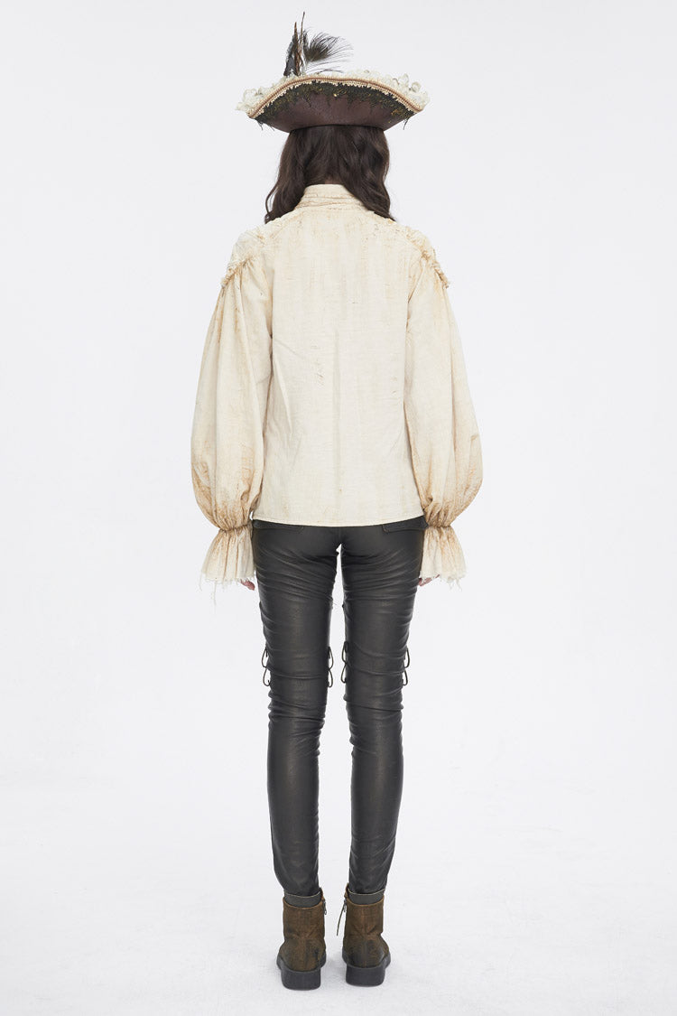 Beige Stand Collar Lantern Sleeves Print Lace Women's Punk Blouse - Product - 4