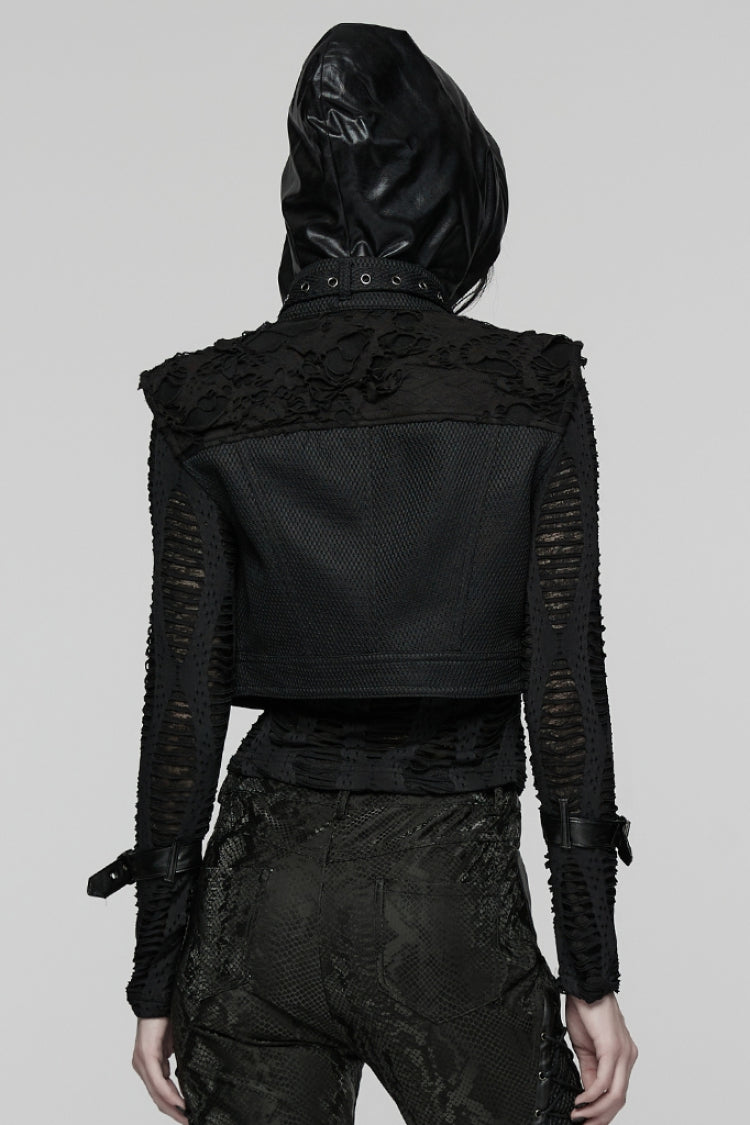 Black Stand Collar Sleeveless Ripped Buckle Women's Punk Short Vest - Product - 3