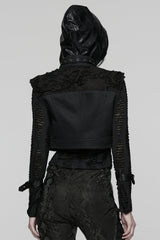 Black Stand Collar Sleeveless Ripped Buckle Women's Punk Short Vest - Product - 3
