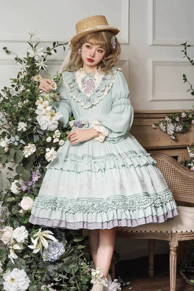 Green Long Sleeves Ruffle Embroidery Bowknot Sweet Plus Size Elegant Lolita Dress - Green - 1