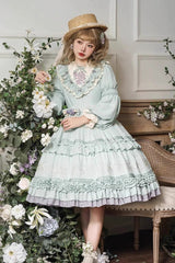 Green Long Sleeves Ruffle Embroidery Bowknot Sweet Plus Size Elegant Lolita Dress - Green - 1