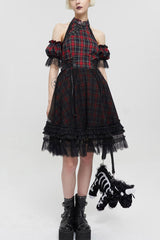 Black/Red Punk Off The Shoulder Plaid Chinese Style Cheongsam Collar Oversized Hem Women's Dress - Black/Red - 1