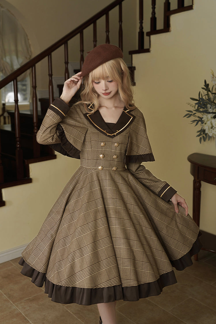 Brown [Baker Street Stories] Stripe Print Ruffle Fake Two Pieces British College Style Classic Lolita Dress - Product - 8