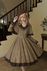 Brown [Baker Street Stories] Stripe Print Ruffle Fake Two Pieces British College Style Classic Lolita Dress - Product - 8