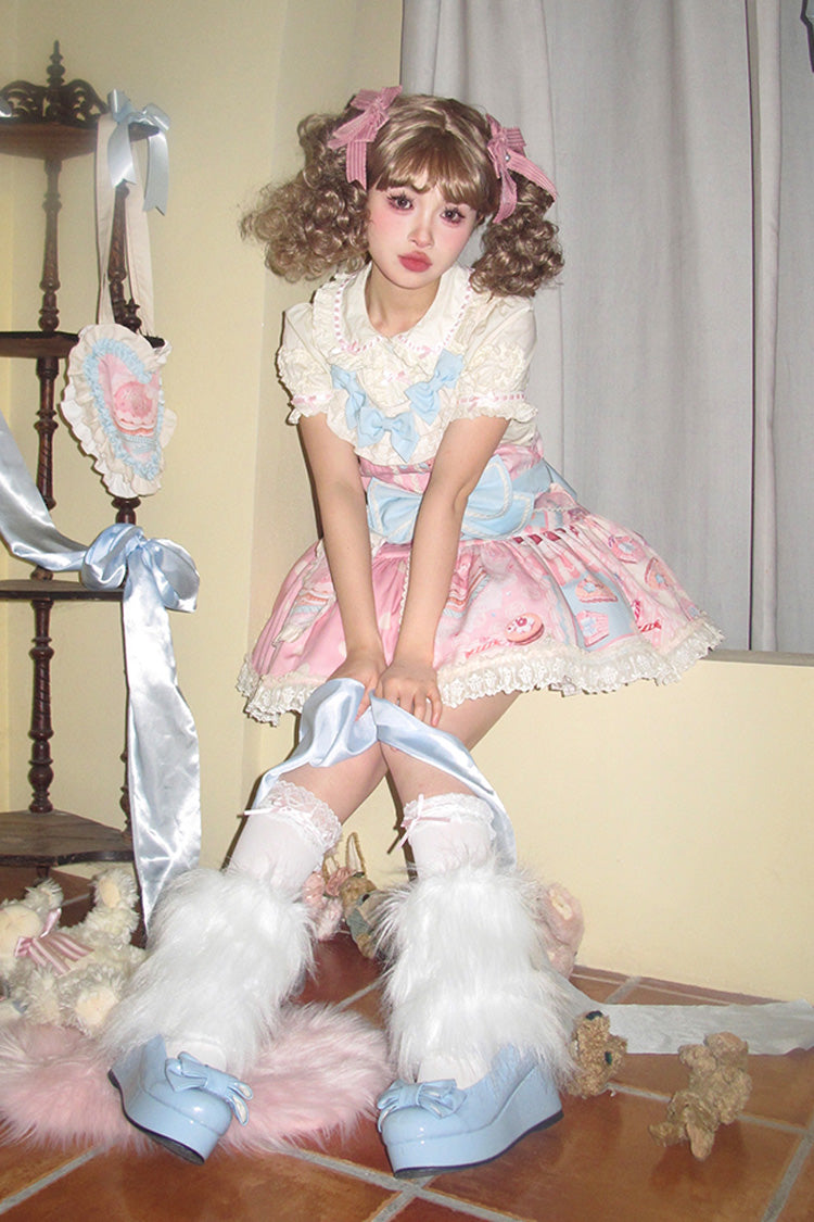 Pink Cake Chocolate Dessert Print Ruffle Bowknot Sweet Lolita Strap Dress - Product - 7