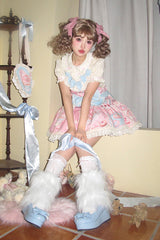 Pink Cake Chocolate Dessert Print Ruffle Bowknot Sweet Lolita Strap Dress - Product - 7