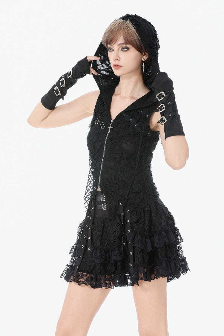 Black Sleeveless Mesh Ripped Asymmetric Zippered Eyelet Women's Punk Hooded Top - Product - 6