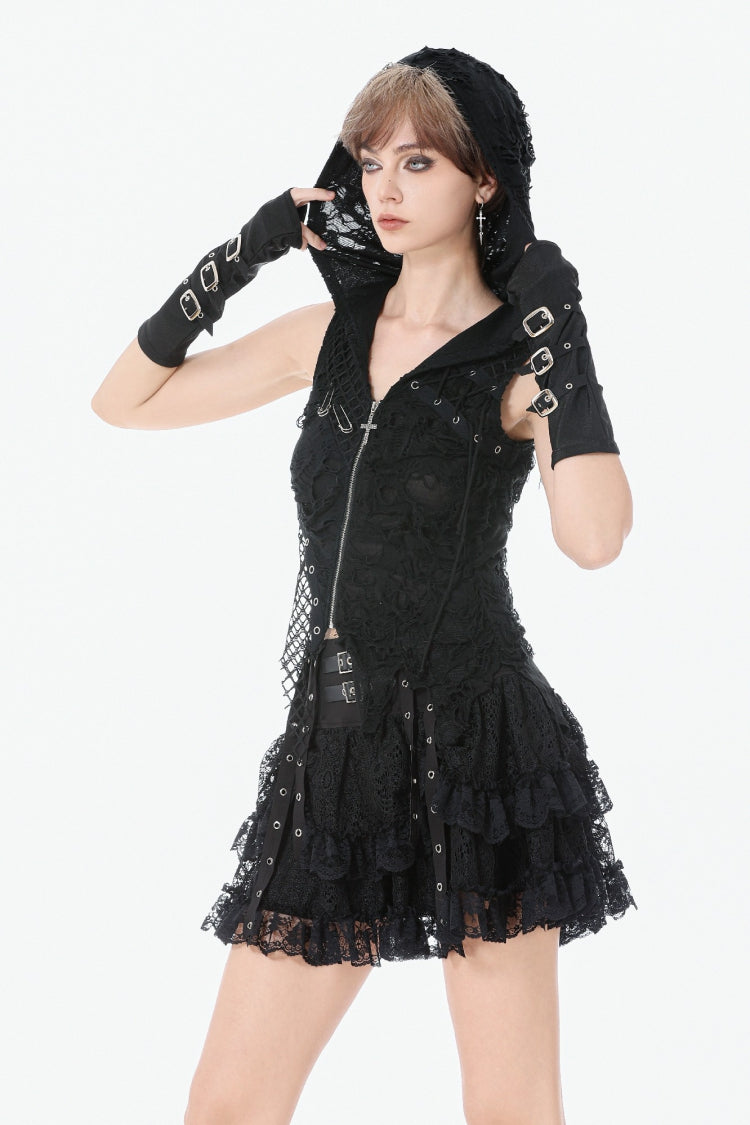 Black Sleeveless Mesh Ripped Asymmetric Zippered Eyelet Women's Punk Hooded Top - Product - 6