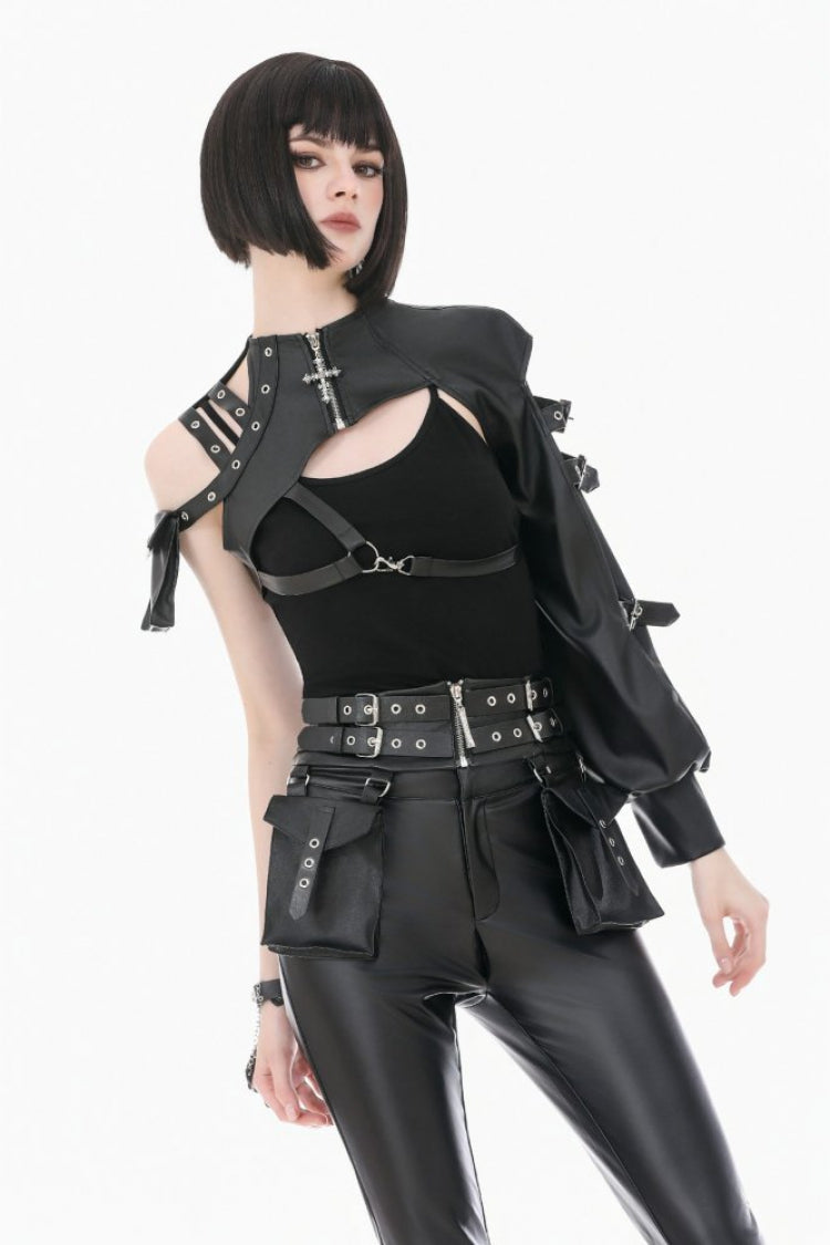Black Eyelet Buckled Zippered Women's Punk Leather Belt with Side Pouches - Product - 7