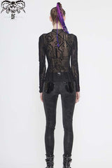 Black Long Sleeve The Printed Flocking Mesh Rough Selvedge Women's Punk Shirt - Product - 7