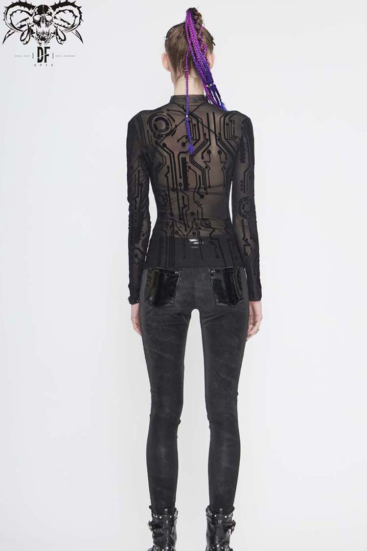 Black Long Sleeve The Printed Flocking Mesh Rough Selvedge Women's Punk Shirt - Product - 7