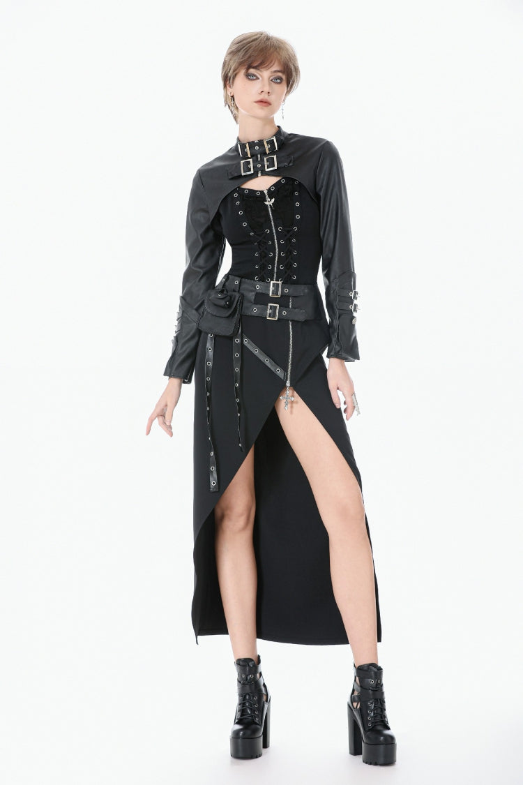 Black PU Leather Long Sleeves Buckled Strap Zippered Women's Punk Shrug - Product - 10