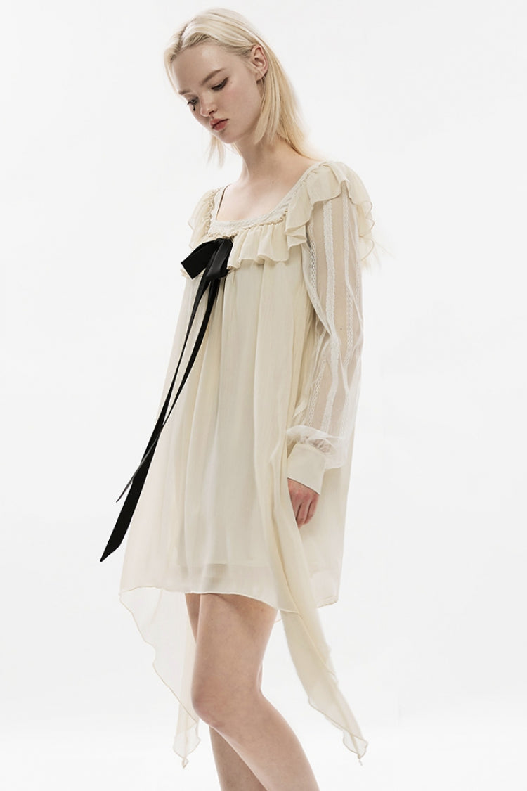 Long Sleeves Ruffle Stitching Lace Detachable Pin Bowknot Women's Gothic Dress 2 Colors - Product - 2