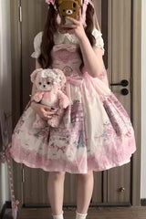 Pink [Little Bear Shop] Print Sleeveless Bowknot Lace Sweet Princess Lolita Jsk and Strap Dress - Product - 4