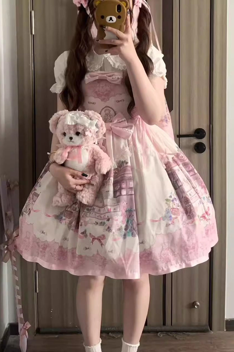 Pink [Little Bear Shop] Print Sleeveless Bowknot Lace Sweet Princess Lolita Jsk and Strap Dress - Product - 4