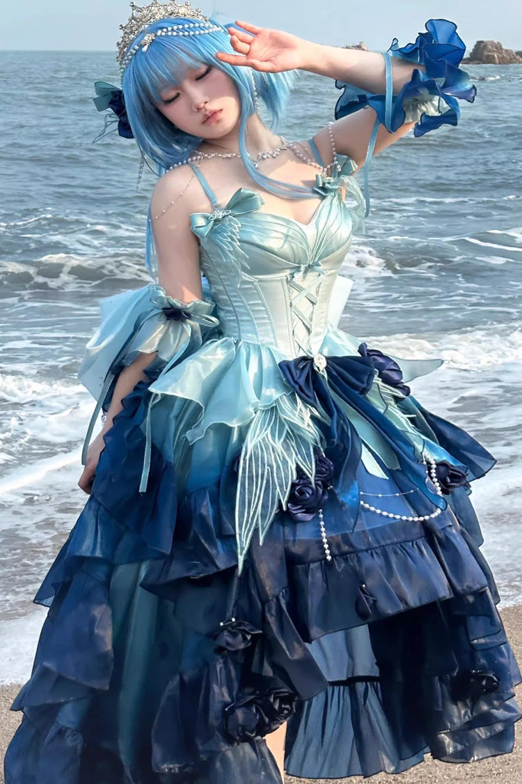 Undersea Blue [Swan Wonderland] Embroidery Bowknot Lace-Up Short Front Long Back Irregular Sweet Ballet Lolita Jsk Dress - Undersea Blue - 1