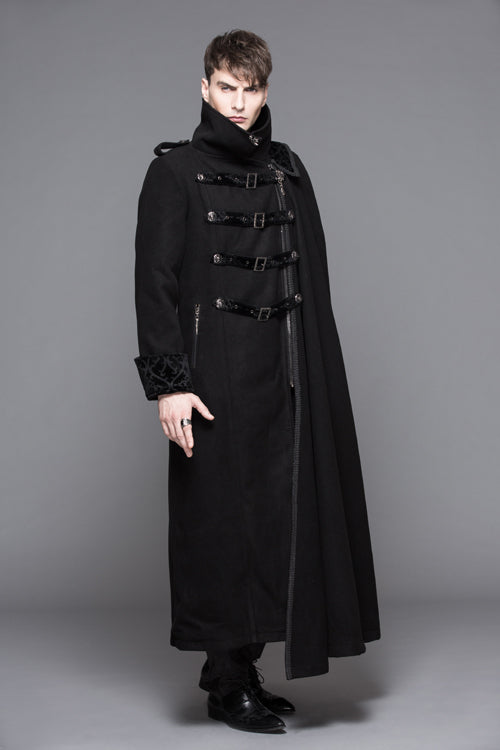 Black Detachable One Sided Shawl Double Sided Woollen Thick Mens Punk Long Coat - Product - 2