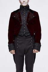 Wine Gothic Palace Embroidered Metal Rivets Dovetail Mens Coat - Wine - 1