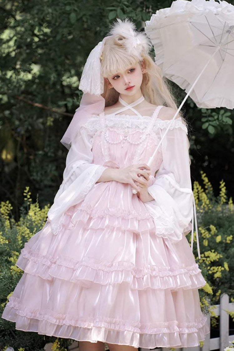 Pink Gauze Romance Multi-layer Ruffle Bowknot Sweet Elegant Princess Lolita Jsk Dress - Pink - 1