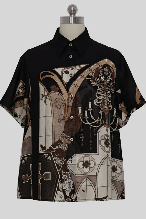 Lapel Collar Night Command Print Loose Short Sleeves Ouji Lolita Blouse - Black - 1