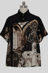 Lapel Collar Night Command Print Loose Short Sleeves Ouji Lolita Blouse - Black - 1