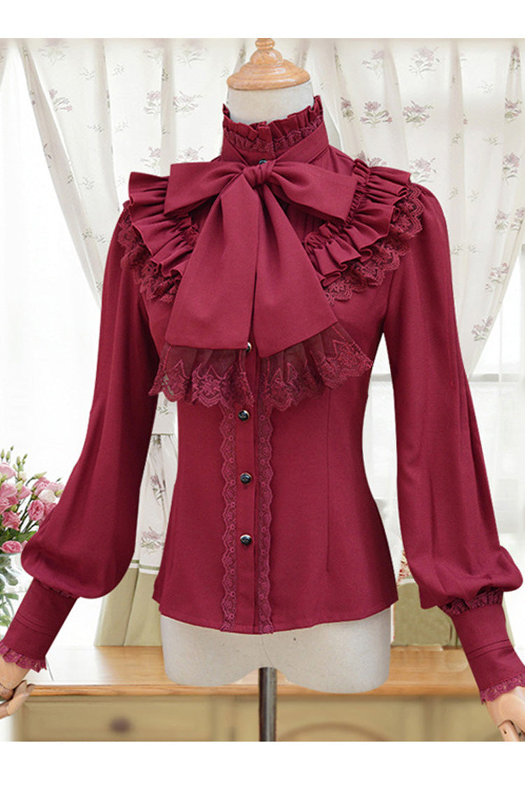 Solid Color Lantern Sleeves Stand Collar Bowknot Tie Classic Lolita Blouse 4 Colors - Red - 4