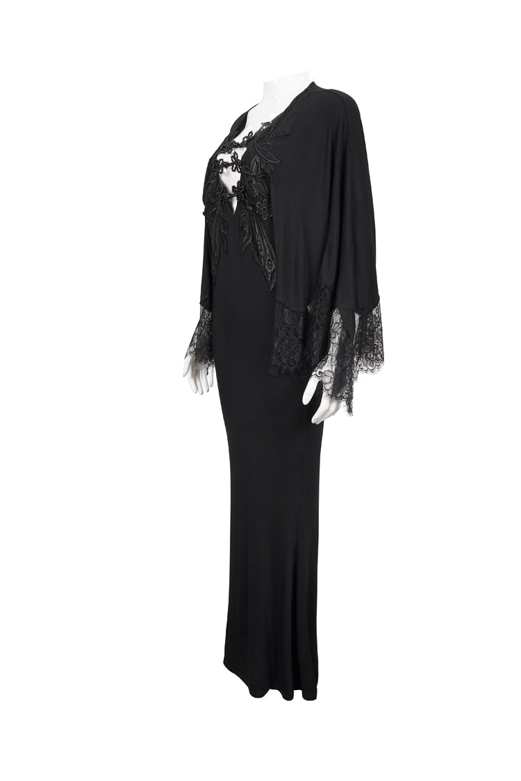 Black Deep V Neck Bat Sleeve Chest Appliqu Lace Bead Buckle Connection Small Fishtail Long Women's Gothic Dress - Product - 7