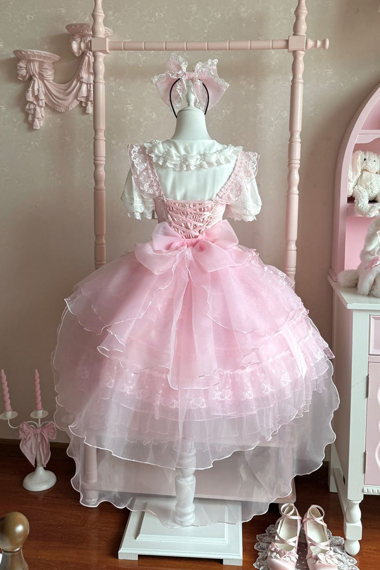 Pink [Lotus Butterfly Heart] Multi-Layered Ruffle Hanayome Bowknot Lace Sweet Lolita Jsk Dress - Product - 4