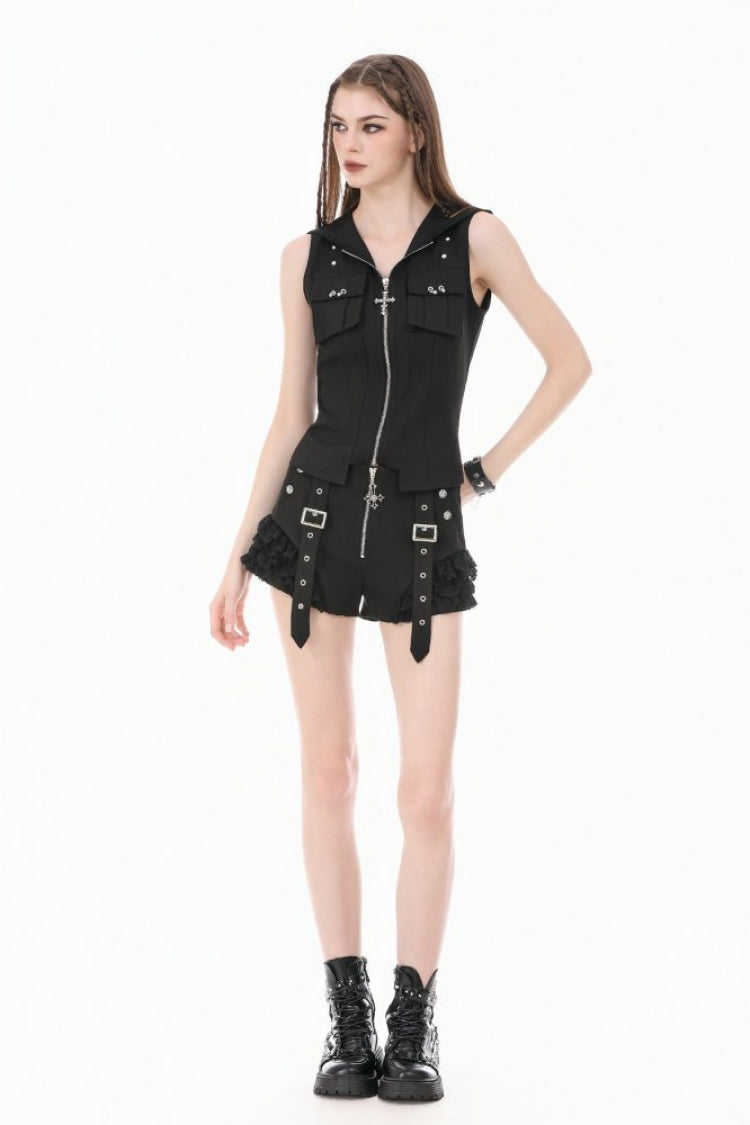 Black Sleeveless Studded Zippered Women's Punk Hooded Vest - Product - 10