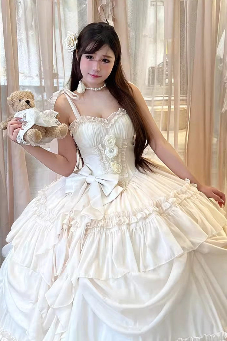 Apricot/Beige [Antique Bride] Sleeveless Multi-Layered Ruffled Bow Lace Sweet Elegant Gorgeous Full Skirt Lolita Jsk Dress - Product - 12