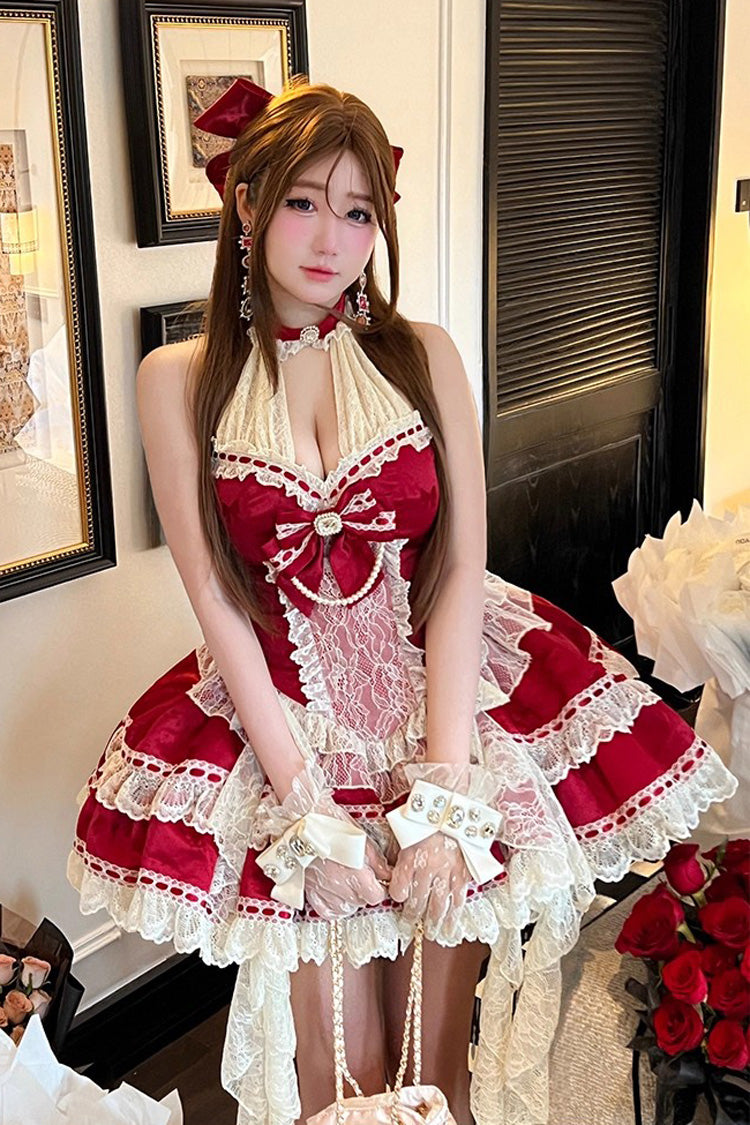 Red [Beloved Young Lady] Halterneck Sleeveless Double-Layered Ruffle Bowknot Lace Elegant Sweet Lolita Dress - Product - 4