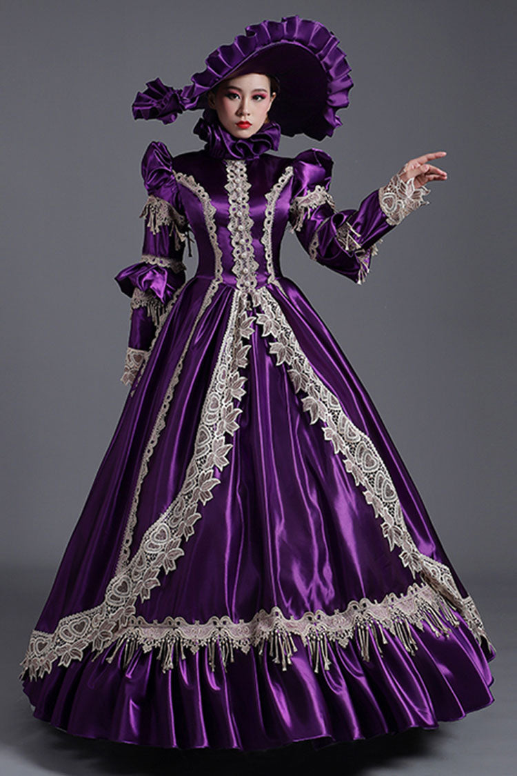 Purple Long Sleeves High Collar High Waisted Cardigan Ruffled Victorian Lolita Prom Dress - Product - 2