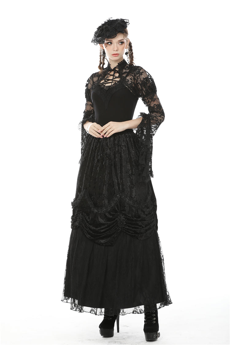 Black Long Puff Sleeves Sheer Floral Lace Lace-Up Women's Gothic Cape - Product - 8