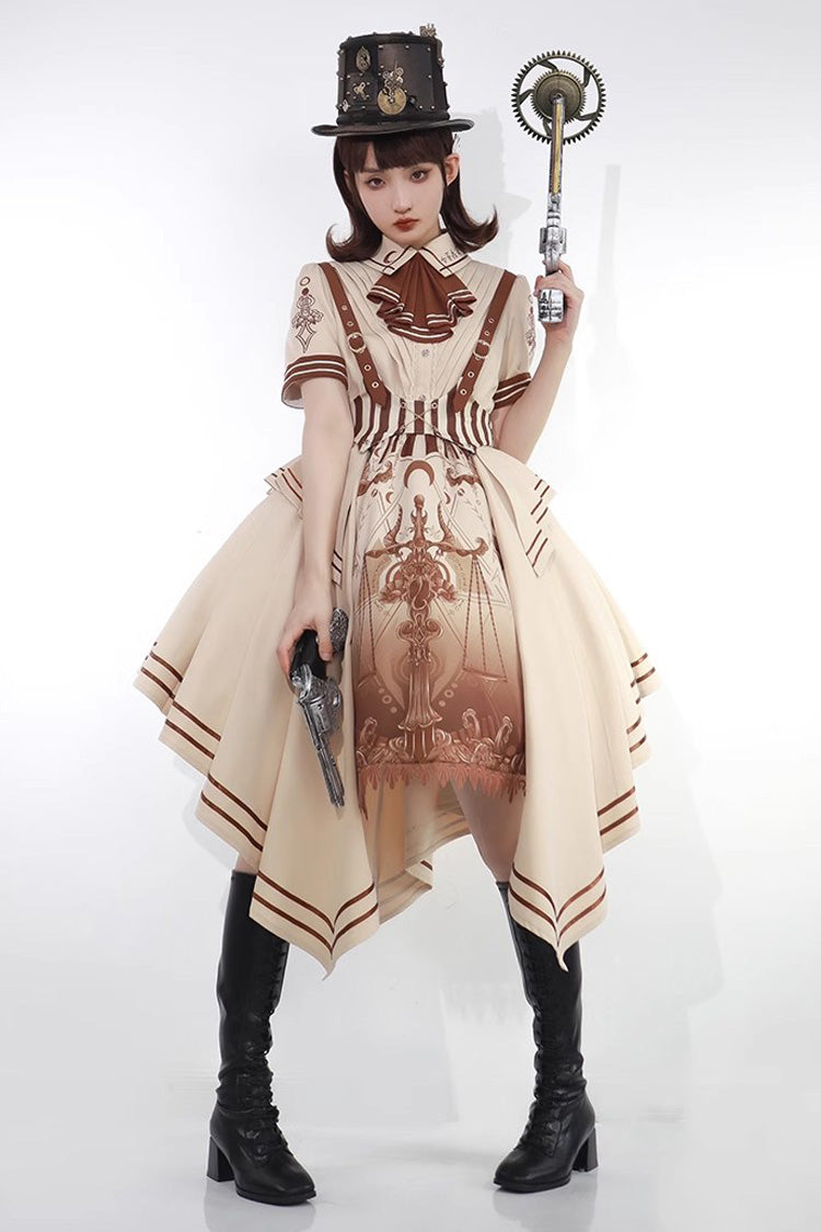 Brown Short Sleeves Libra Print Punk Vintage Lolita Dress - Product - 2